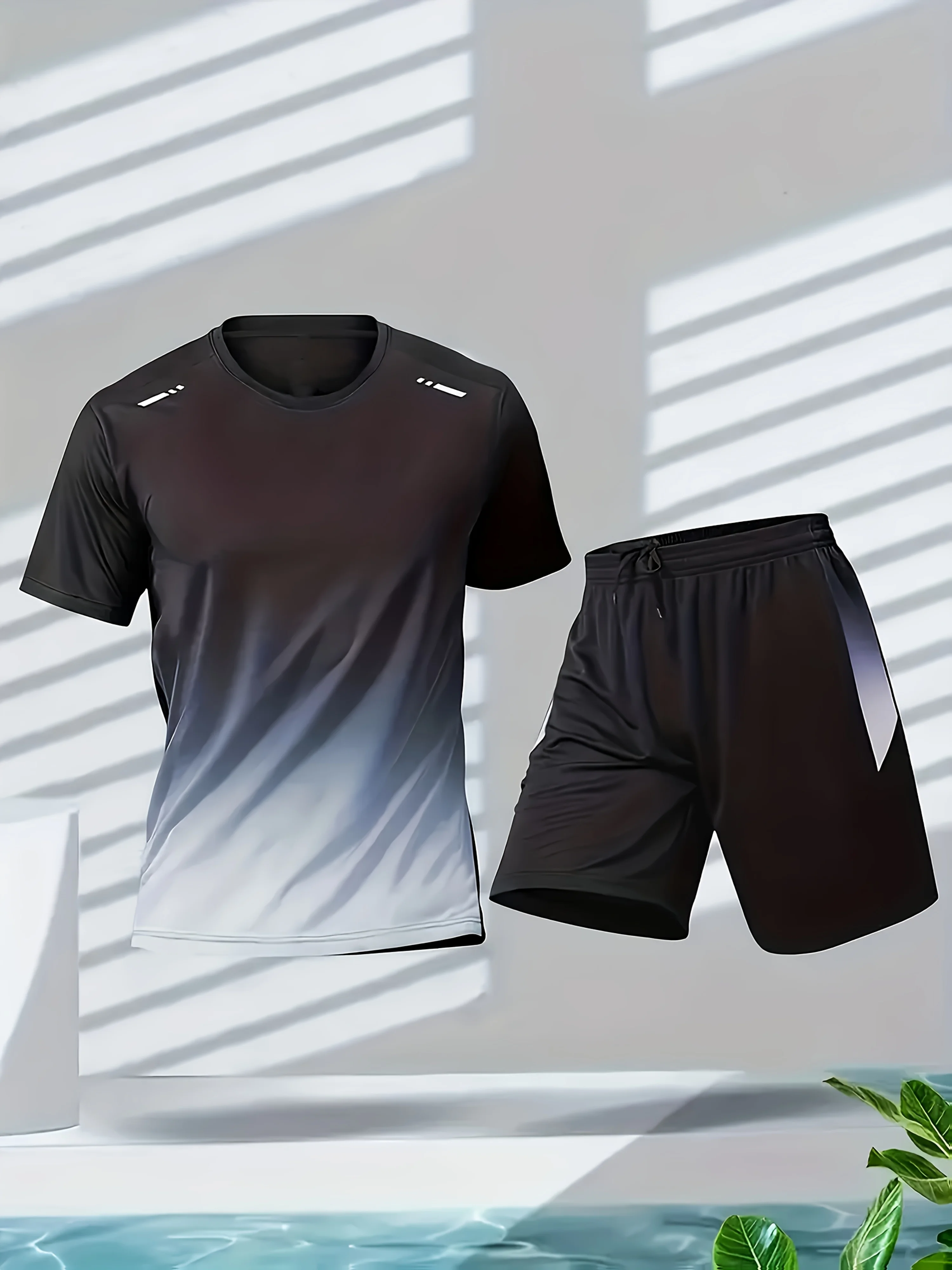 Table Tennis Shirt - メンズスポーツウェア、アイスシルク半袖・ショートパンツランニングウェア、メンズ卓球・バドミントンウェアグラデーションTシャツ